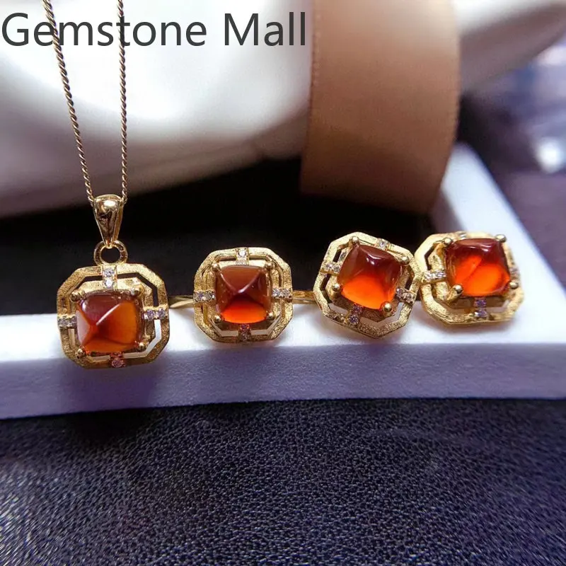 Solid 925 Silver Sugarloaf Gemstone Jewelry Set with Gold Plating 6mm 4ct Natural Fanta Garnet Pendant Ring Earrings for Daily