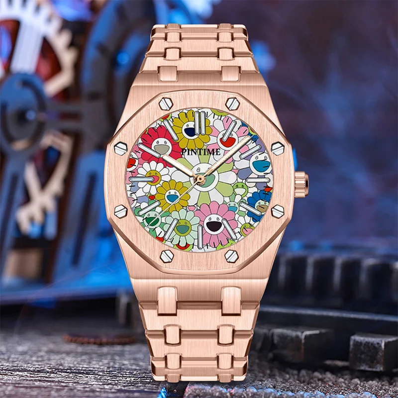 Luxury Men Quartz Wristwatch 316LSolid Band 30m Waterproof Luminous Popular ltem Six Colors Fashion Colorful Sunflower Pattern