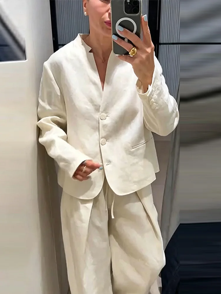 Leinen V-Ausschnitt Anzugjacke Gerade Hose Anzüge Damen Elegant Langarm Einreihiger Loser Blazer Oberteil Plissierte Hosen Outfits – Detail 6