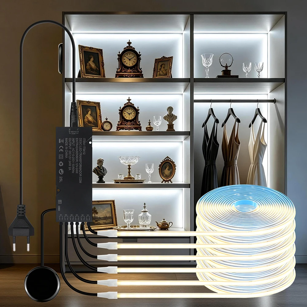 Hand Sweep Sensor COB LED Strip Cabinet Light EU Power Plug Switch Kit 12V 24V Free Cut 400LED/m 3000K 4000K 6000K Flexible Tape