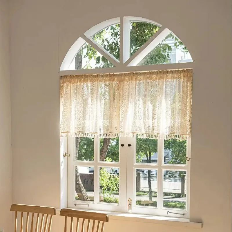 Beige Circular Patterned Hanging Tassel Short Curtain, Lace Short Curtain, Living Room, Bedroom, Kitchen Cabinet Cover Curtain