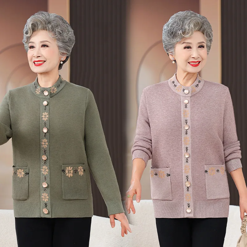 Add Velvet Keep Warm Sweater Women Knitted Cardigan Coats Autumn Winter Middle Age Mother Knitwear Tops Thick Grandma Clothes