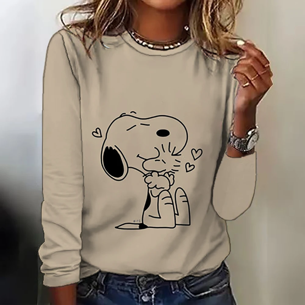 Camiseta com gola redonda com estampa Snoopy, blusa casual de manga comprida para primavera e outono, roupas femininas