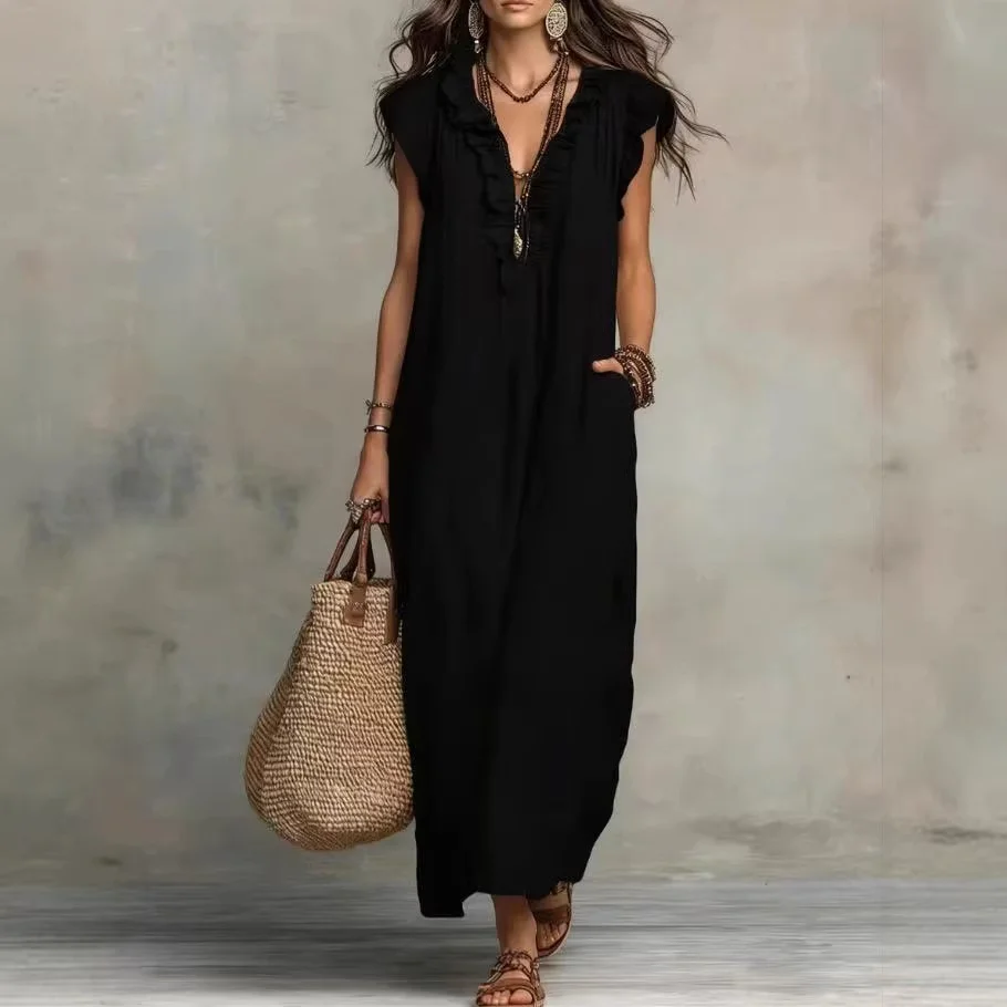 2026 Sommer Damen Boho Baumwoll-Leinen Maxikleid Einfarbig Rüschen V-Ausschnitt Ärmellos Locker Langes Kleid mit Taschen Lässig Strand