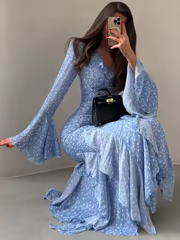 Women Printed V-neck Long Dress Flared Sleeve Lotus Leaf Edge High Waist Slim Fit Maxi Dresses Lady Elegant Evening Party Dress