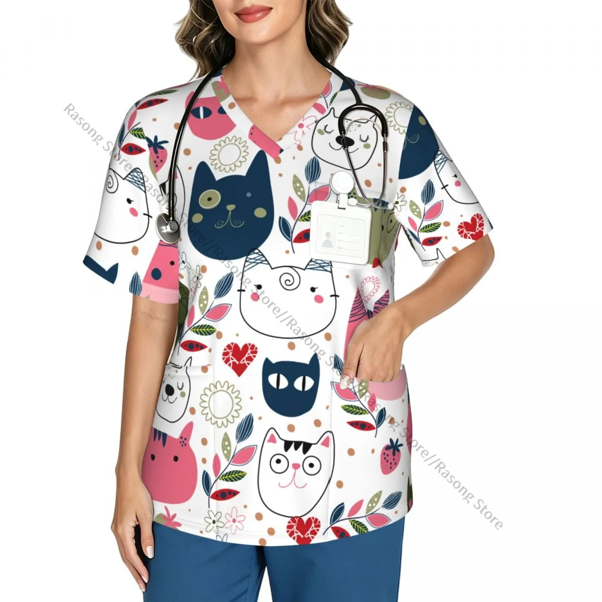 Cute Cat Heads Scrubs tops medical uniforms women V Neck Stretch Scrub Shirt Dentist doctor Blouse