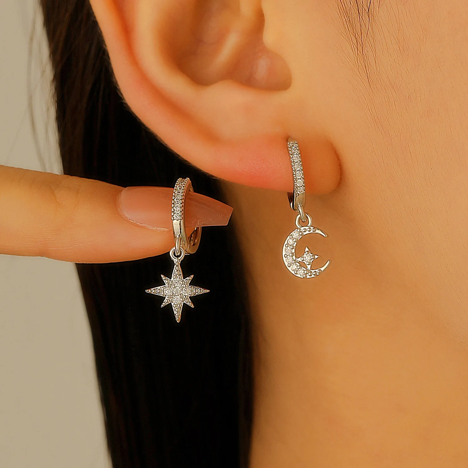 

Asymmetrical Star Moon Cubic Zirconia Circle Fashion Jewelry For Women Celestial Charm Elegant Drop Earrings