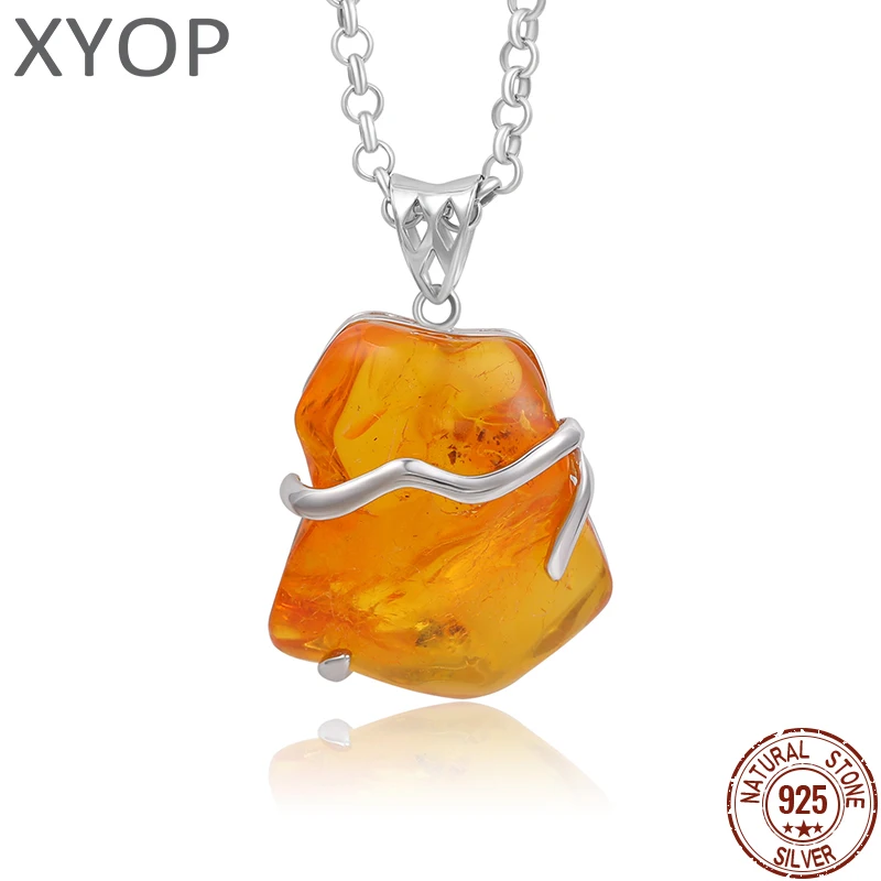 

XYOP Natural Insect Amber Pendant Irregular Shape Ambers Original Stone Charms 925 Sterling Silver Pendant Necklace Amulet Gift