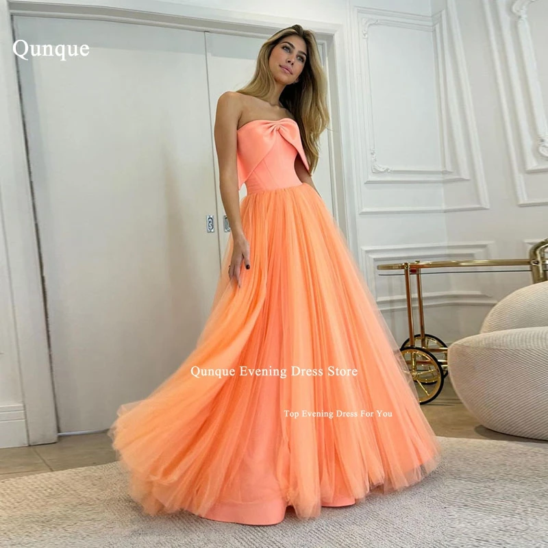 

Qunque Tulle Evening Dresses Long Off The Shoulder Bow Corset Back Sleeveless Prom Gowns Customized Vestidos De Fiesta Elegantes