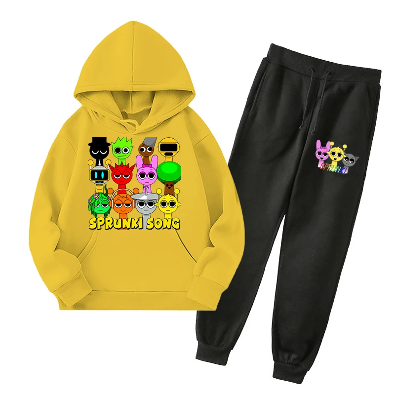 Boys & Girls Casual Sprunki Song Cartoon Print Hoodie and Sweatpants Set with Pockets Long Sleeve Comfy Pullovers for Children