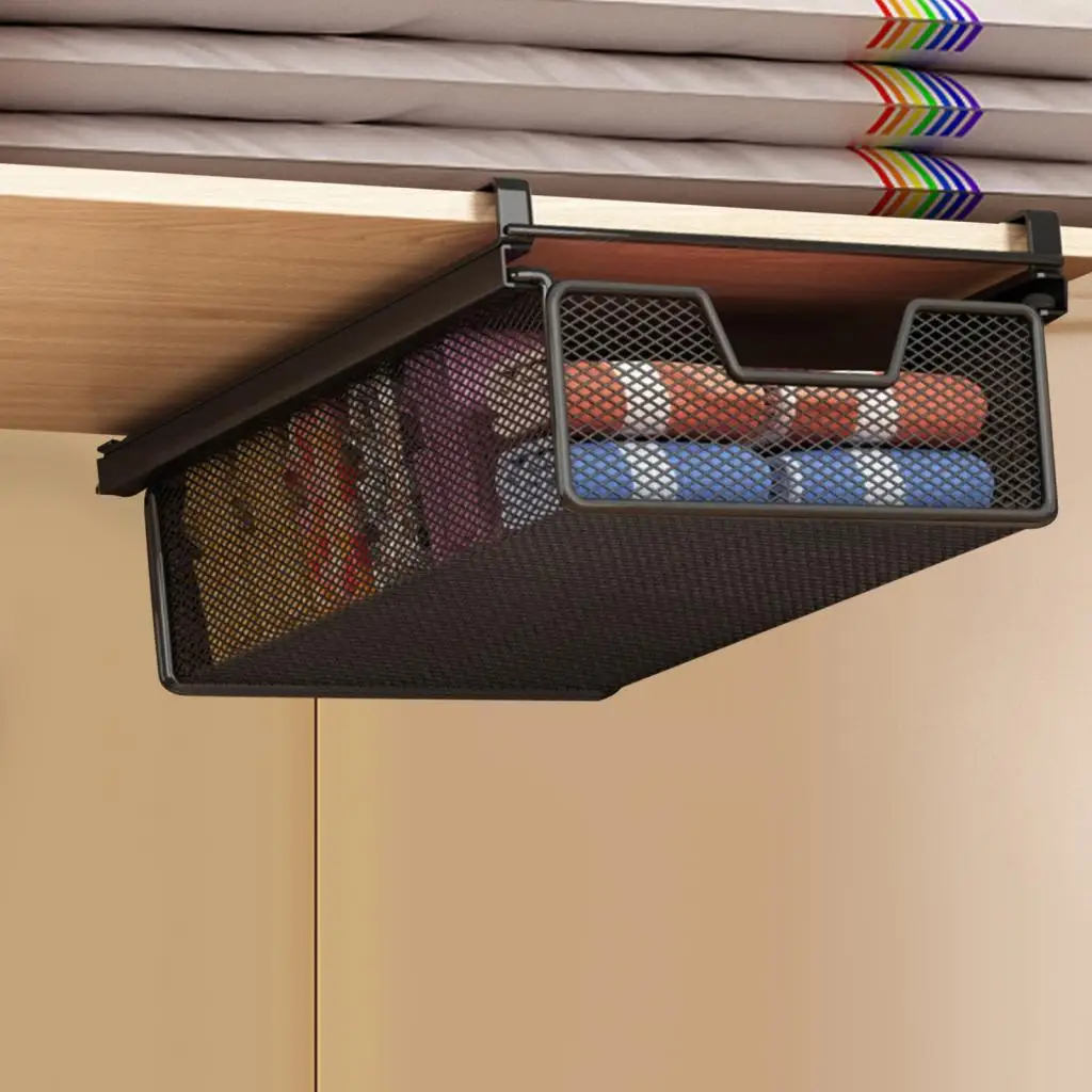 

Under Desk Sliding Drawer Basket Organizer Steel Mesh Pullout Shelf for Office Table Storage