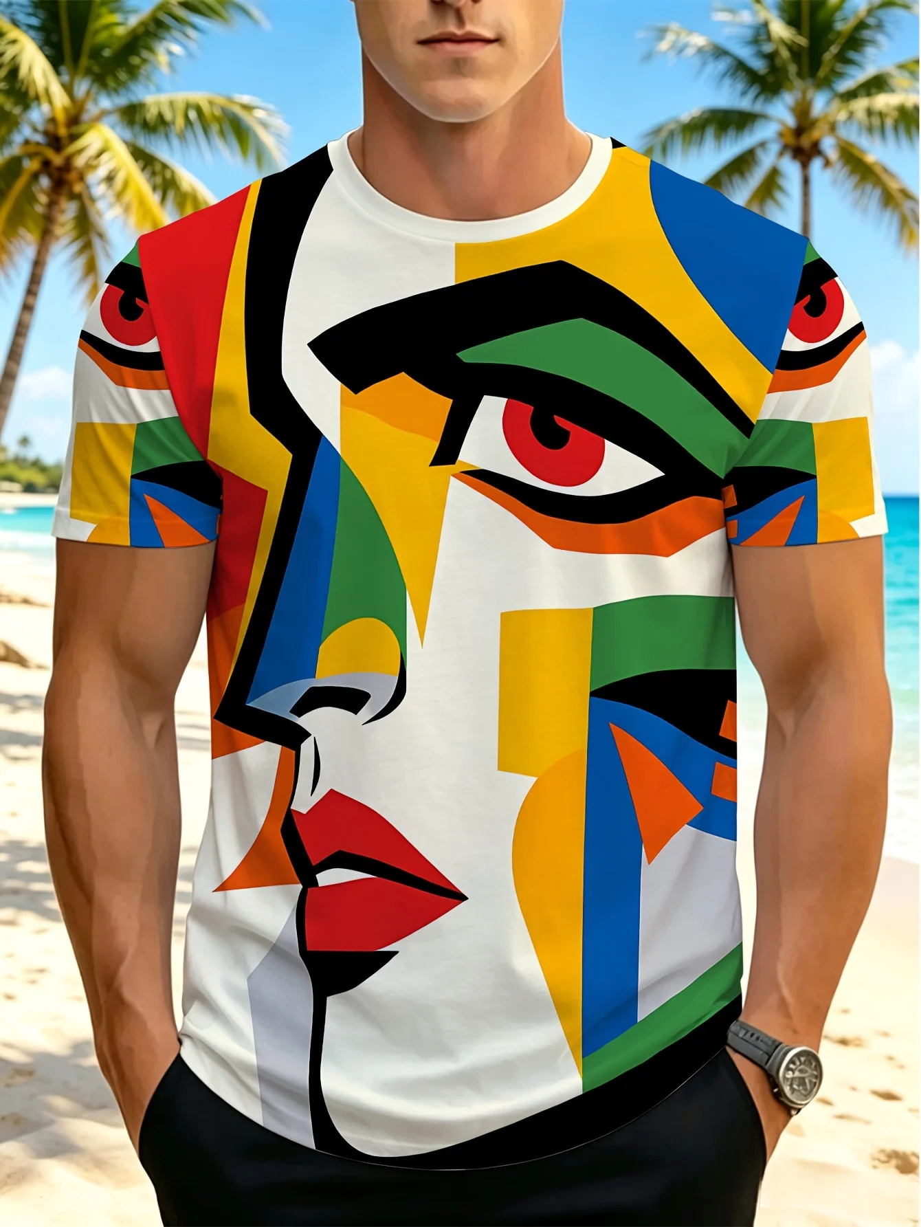 New men's short-sleeve T-shirt, loose-fitting and tailored with printed designs, versatile basic crew-neck top suitable for spri