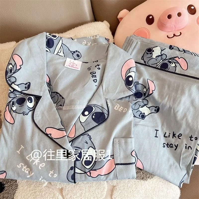 Anime Lilo & Stitch Cute Ins Loose Cardigan Long-sleeved Home Clothes Set Comfortable Pajamas for Boys and Girls Couples