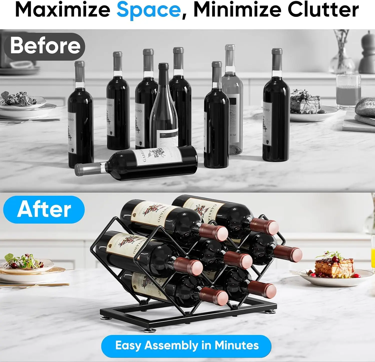 7-Bottle Metal Countertop Wine Rack - Space-Saving Holder for Kitchen, Bar, Cabinet Storage