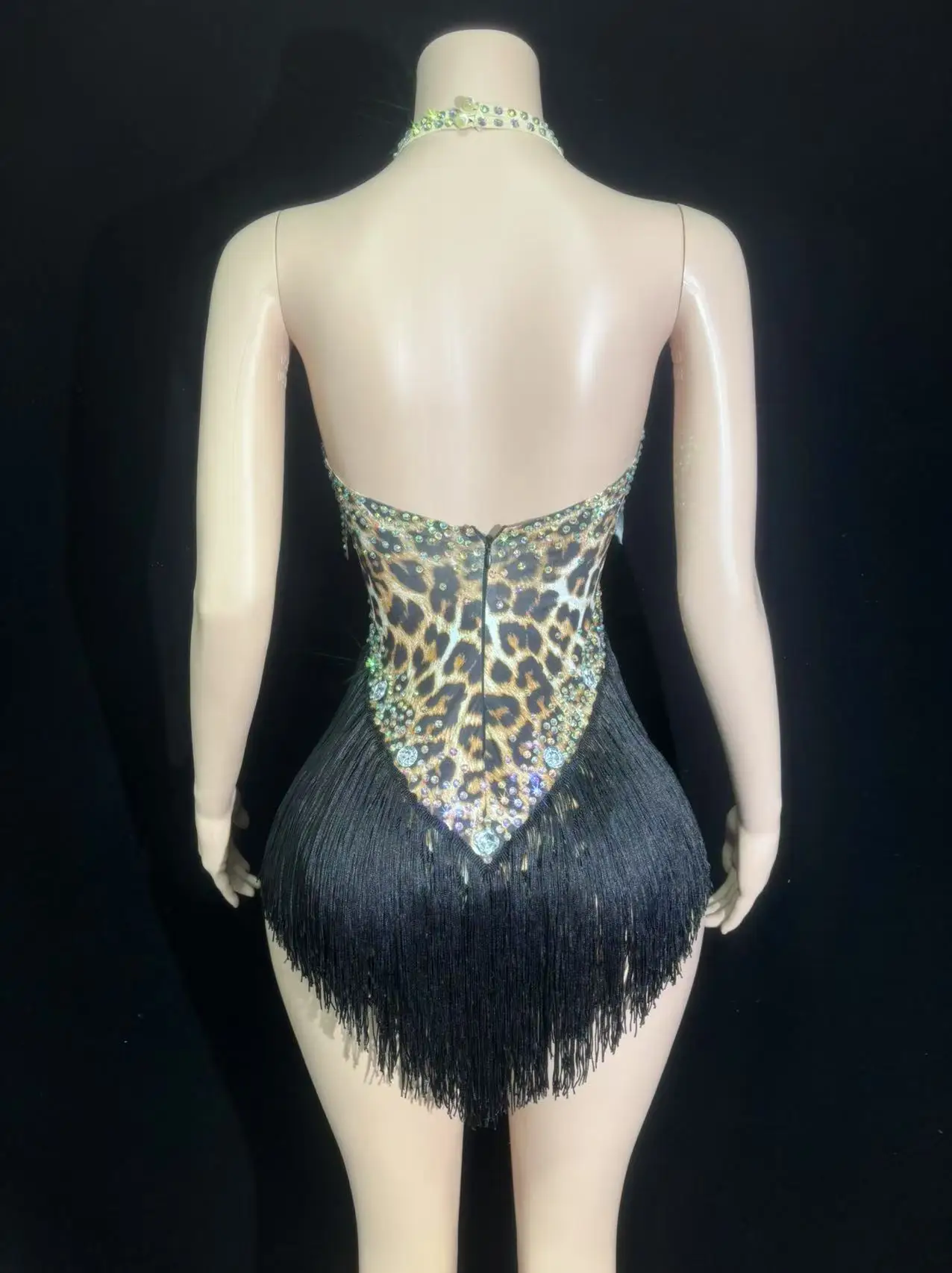 Sexy Sparkly Rhinestones Tassel Leopard Print Backless Bodysuit Performance Dance Costume Singer Dancer Stage Wear Latin Outfit