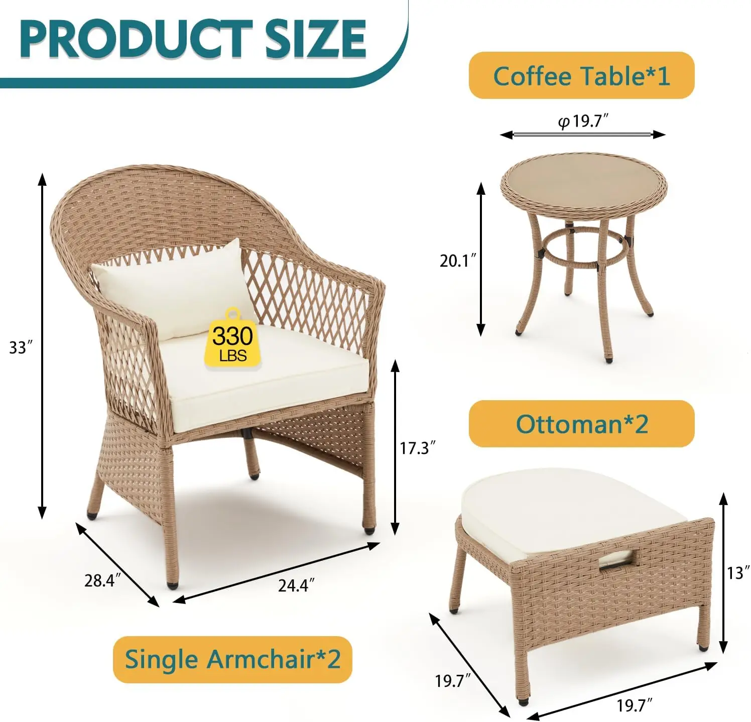 5Pcc Patio Set, Outdoor Rattan Chairs with Round Glass Coffee Table, Ottomans & Soft Cushions, Wicker Conversation Bistro Set