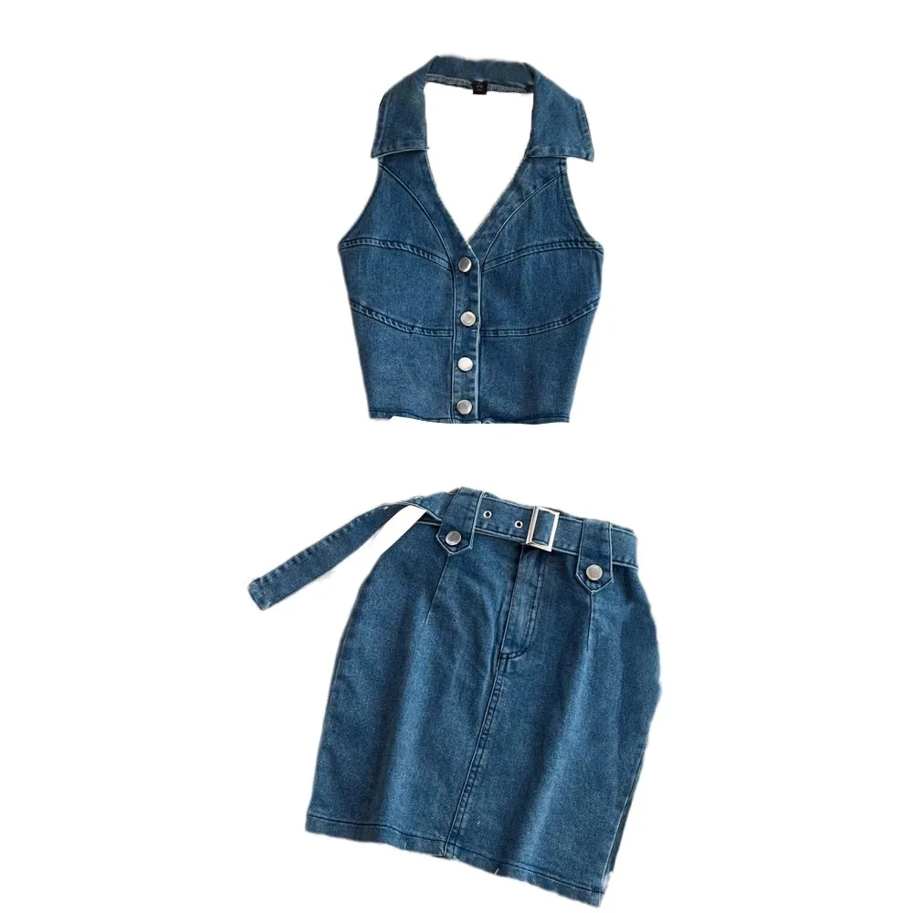 Jeans Set for Women Tank Tops Halter Vest Denim Woman Skirt Suits Buttons Belts Jean Ladies Costumes