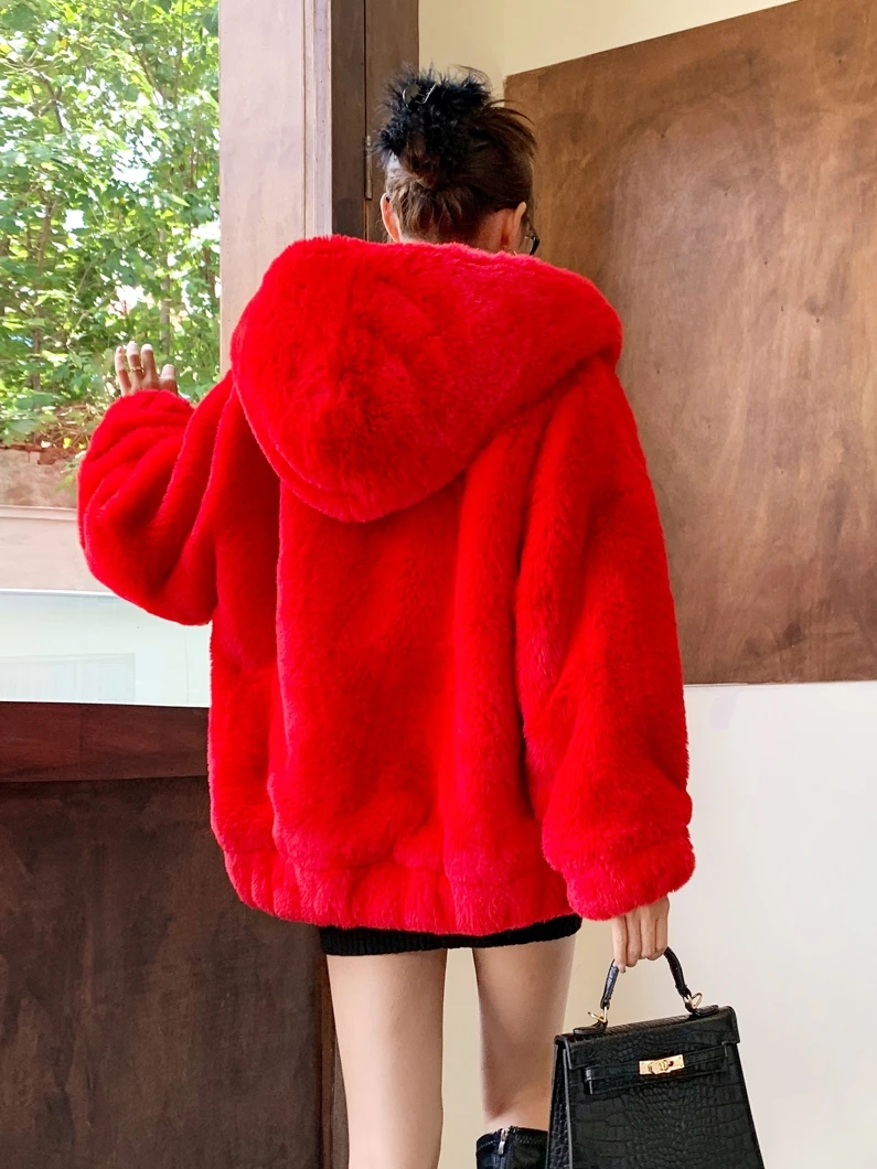 Young Female Fashion Chinese Red Faux Fur Coat Hooded New Year zipper Jacket Lady Outerwear Women\'s Winter Coats Promotion