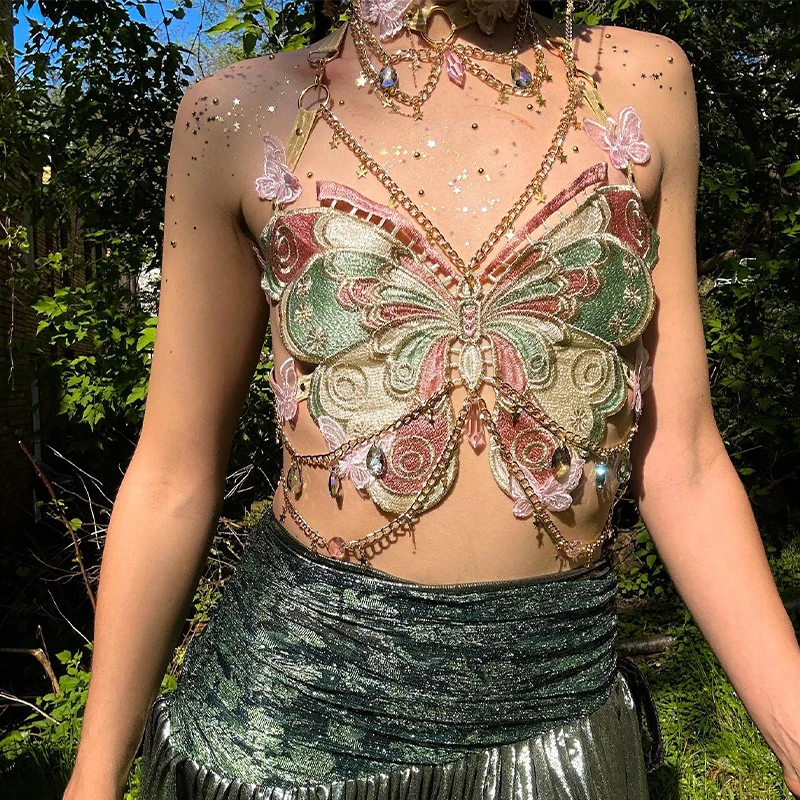 Lady Y2K Crystal Backless Camisole Rave Festival Harnesses Chokers Butterfly Embroidery Metal Chain Halter Top With Choker
