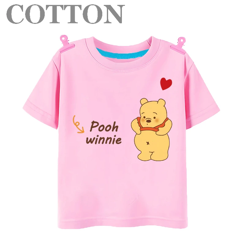 Disney Anime Winnie the Pooh Summer Fashion All Cotton Anime Children's T-shirt Round Neck Casual Short Sleeve Printed Pattern