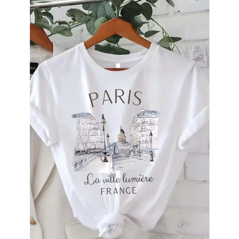 Women's Round Neck Fashion Paris Print Casual Loose Retro Harajuku T-shirt Summer and Spring Plus Size Fresh Street Short Sleeve