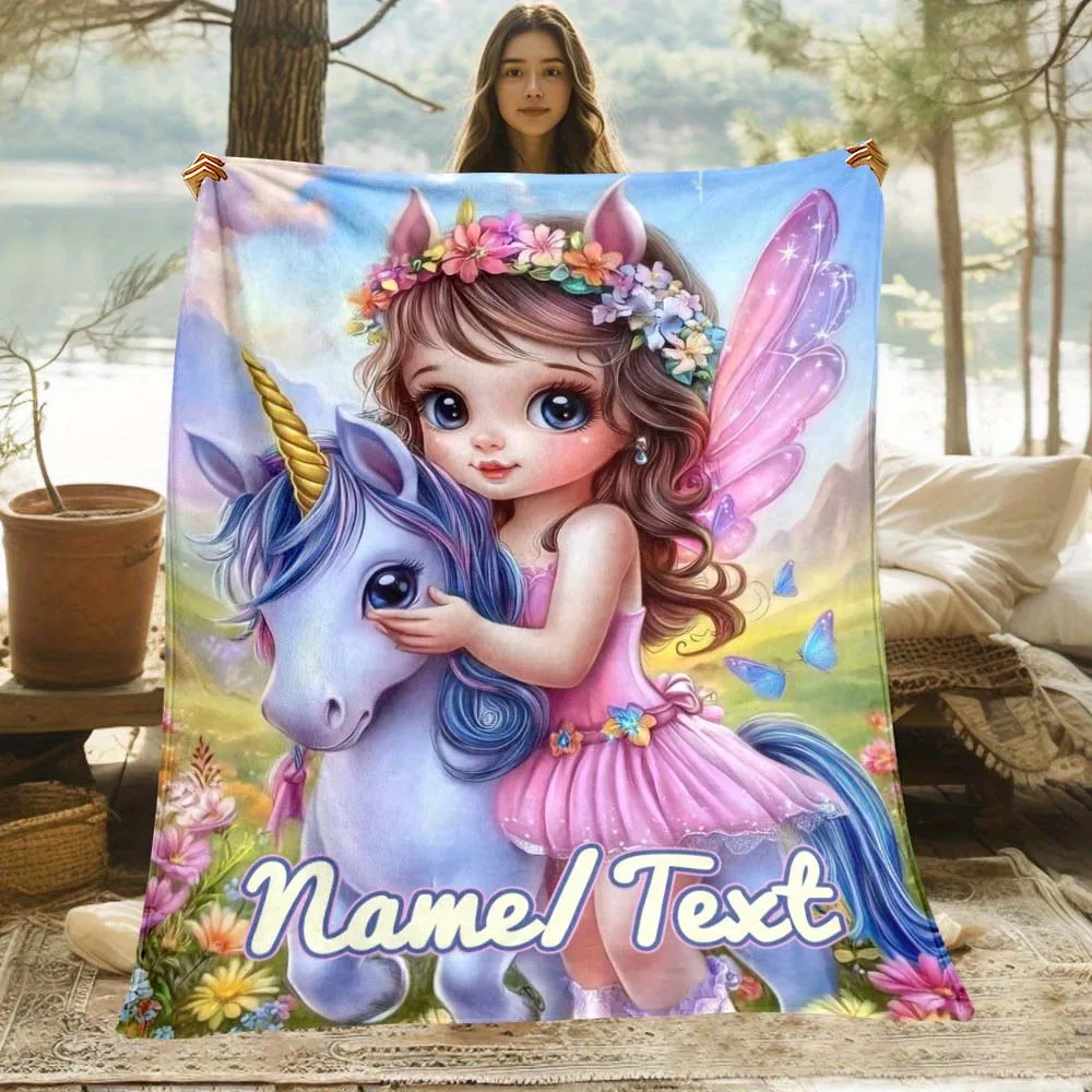 

1pc Personalized Fairy Unicorn Girl Name Blanket, Custom Soft Fleece Throw Blanket for Kids Girls Bedroom Decor Birthday Gift