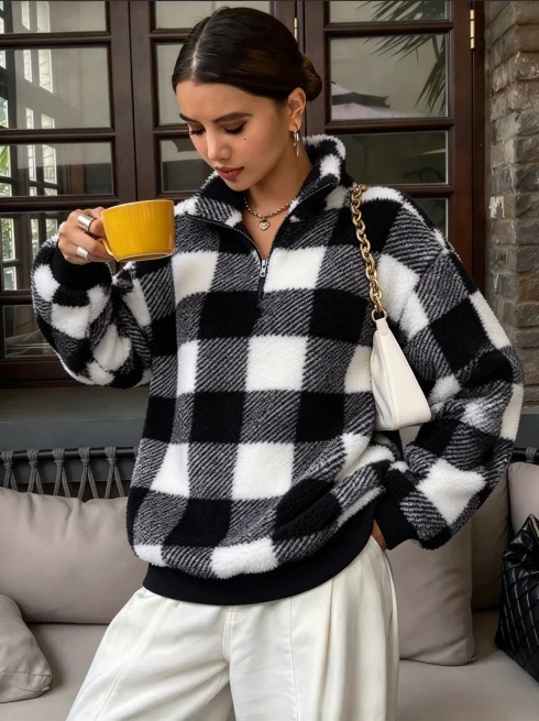 Women Plaid Sweatshirt Half Zip Stand Collar Long Sleeve Loose Pullover Winter Warm Fluffy Jacket Top
