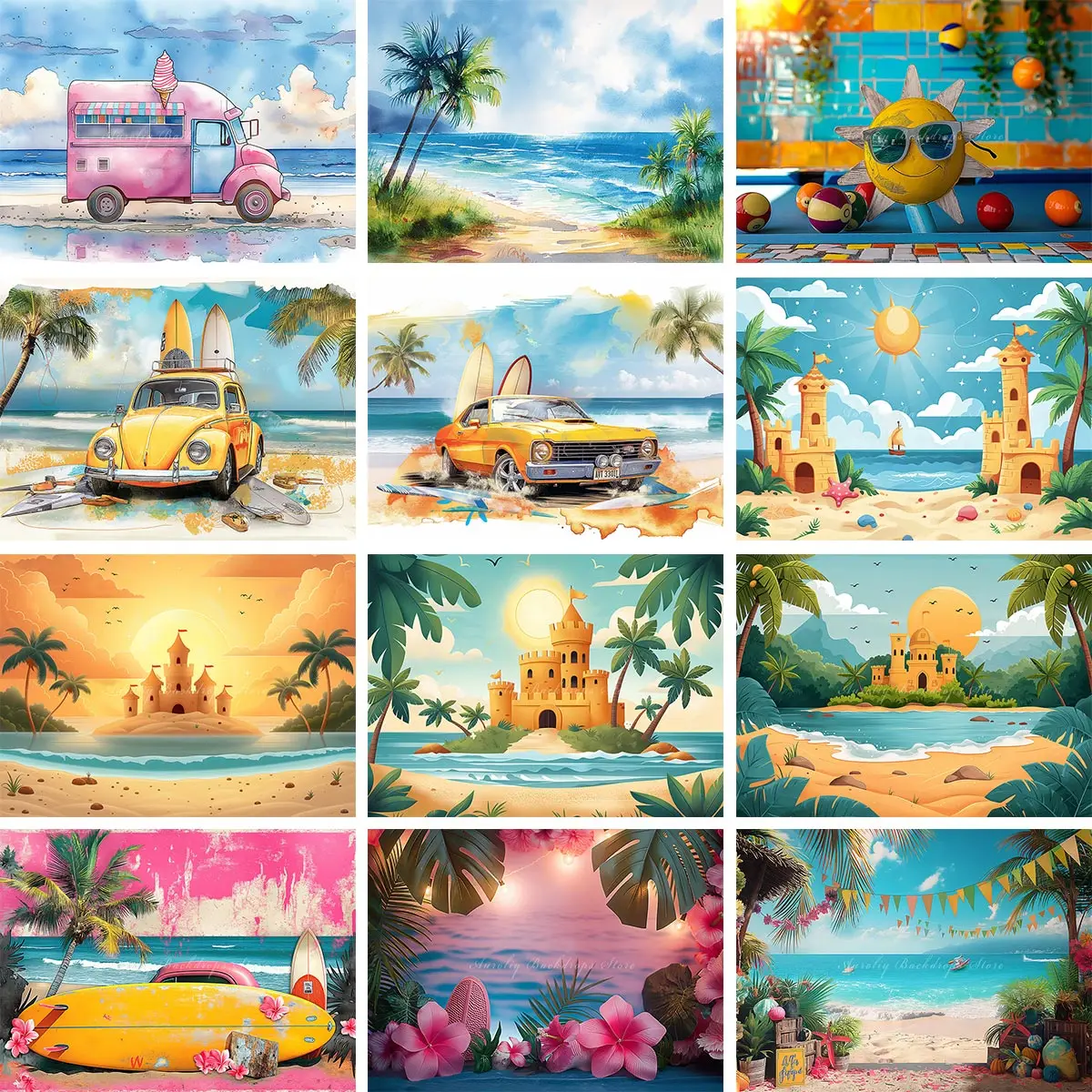 

Summer Beach Plam Trees Photo Backdrop Kids Baby Cake Smash Photography Props Ice Cream Car Sunset Child Adult Studio Background