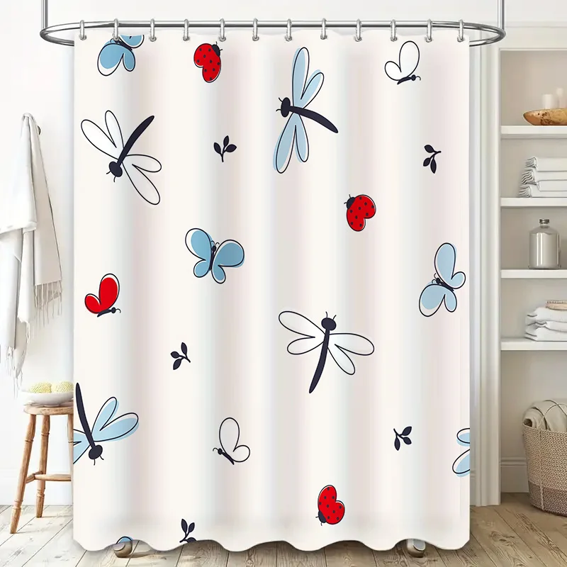 Modern Bathroom DecorStylish Shower Curtain with Dragonflies Ladybugs White Floral Print for Home Decoration Accessories in Bath