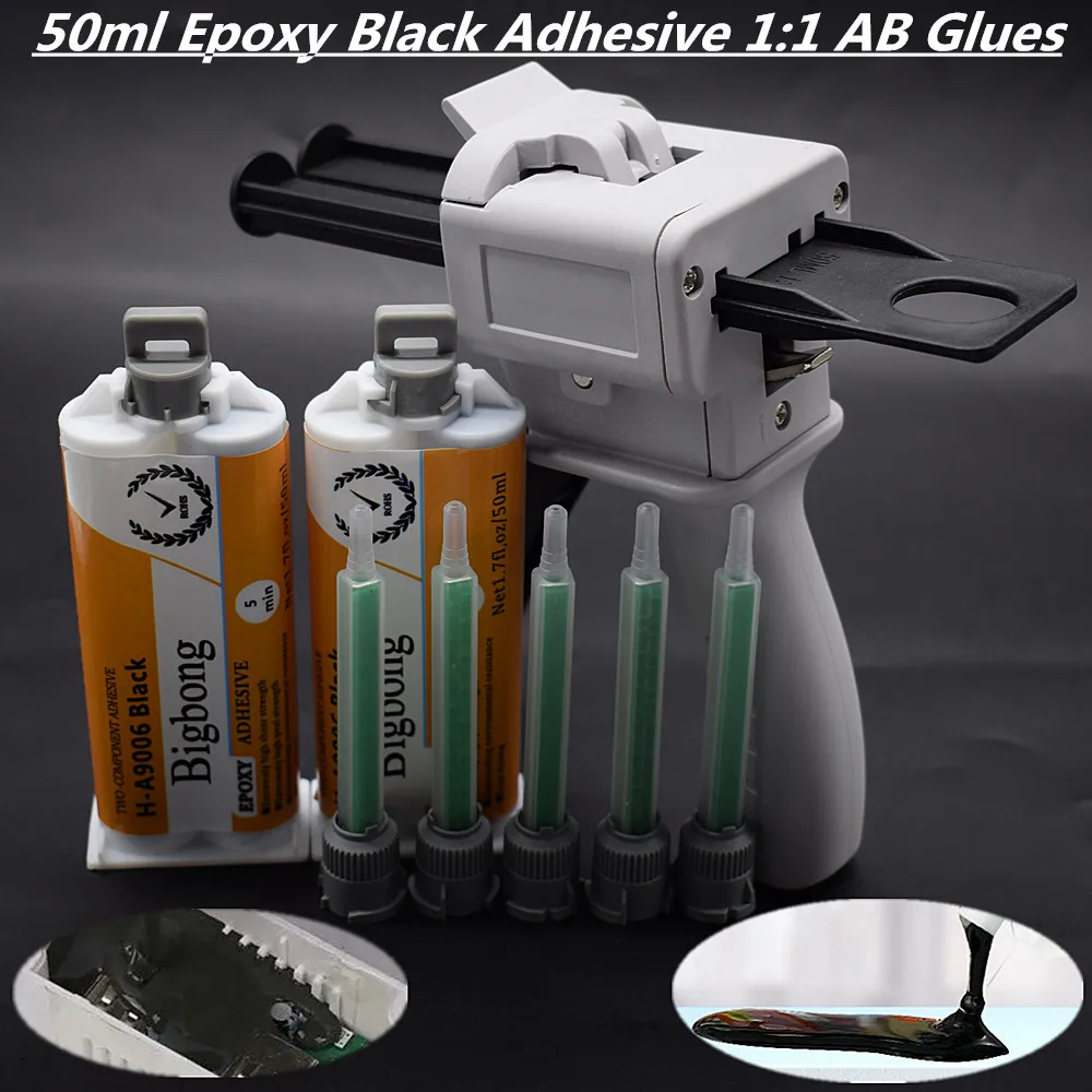 

2pcs 50ml Epoxy Black Adhesive 1:1 AB Glues with 5pc Static Mixing Nozzles and 50ml 1:1 Glue Gun Manual Caulking Gun Dispenser