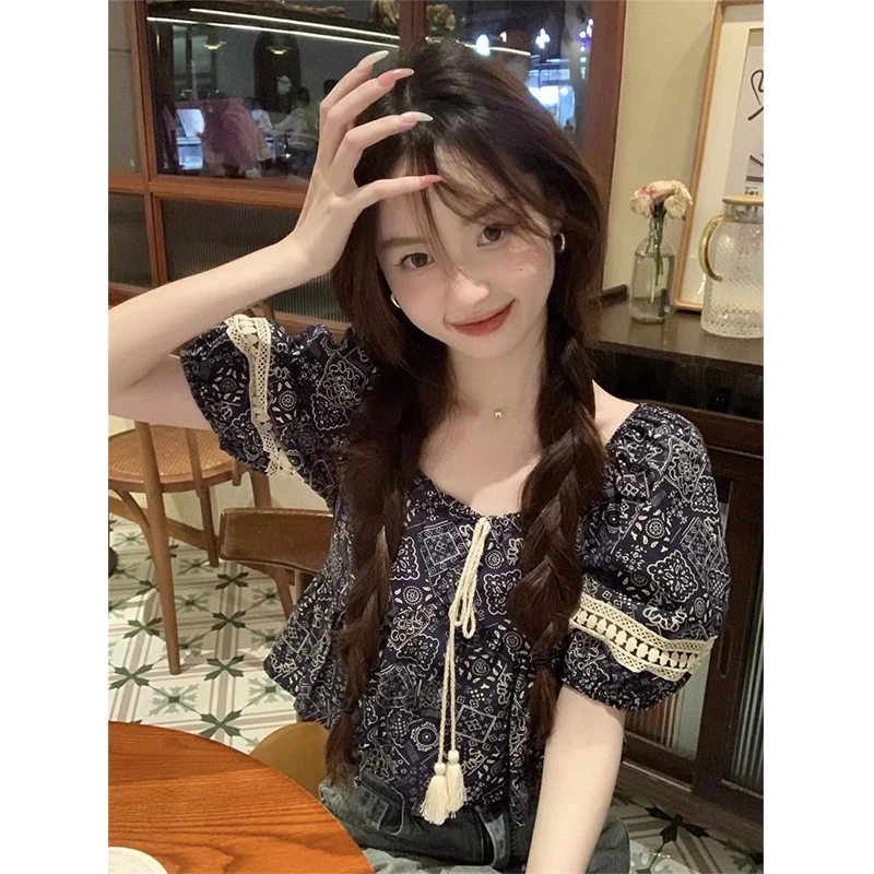 Vintage Cropped Print Shirts Women Elegant Square Collar Puff Short Sleeve Blouses Summer Streetwear Korean Bandage Crop Tops