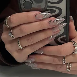 24Pc/set Medium Long European American Fake Nails Silver Grey Flame False Nails Artificial Full Removable Press On Nail Art tips