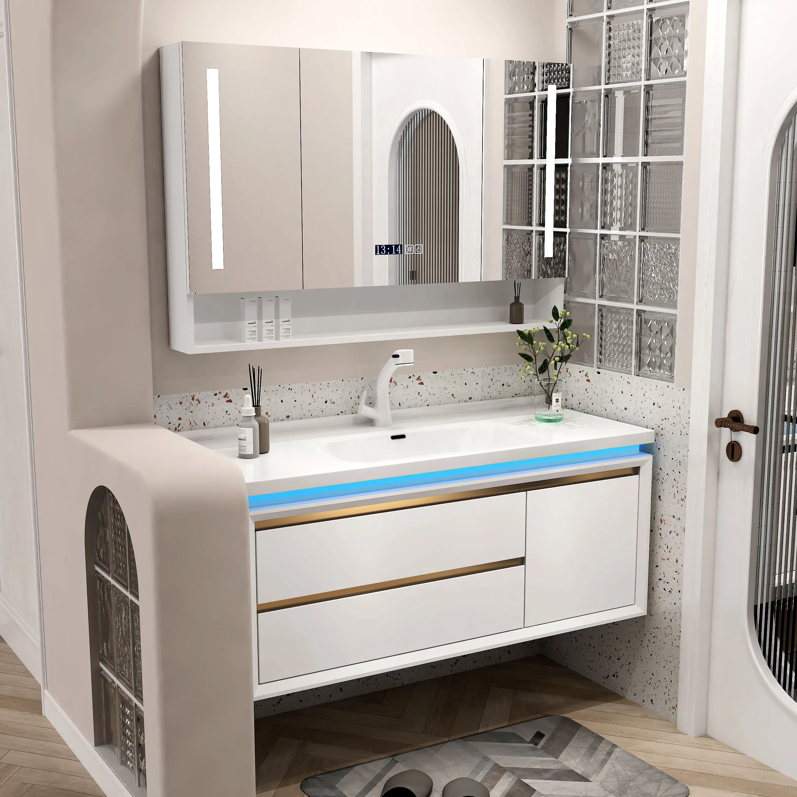 

Bathroom cabinet combination, rubber wood ceramic integrated basin washstand