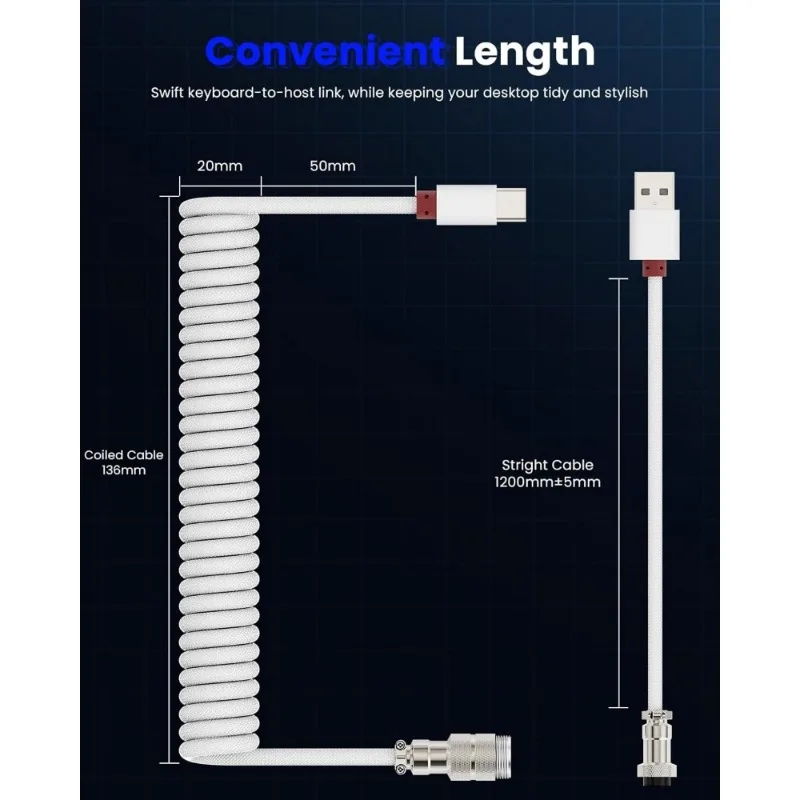 70inch/1.8m USB C to USB A Coiled Keyboard Cable, Detachable Metal Aviator Braided Enclosure, Double-Sleeved Nylon Wire