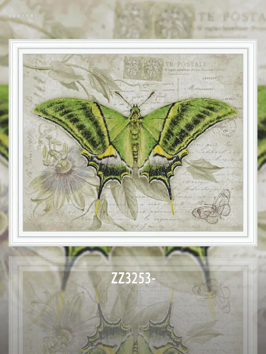 [ZZ3253-Green Butterfly Postcard] Stamped Cross Stitch Kit 14CT 16CT Pre Printed Canvas Cotton Threads DIY Embroidery Wall Decor