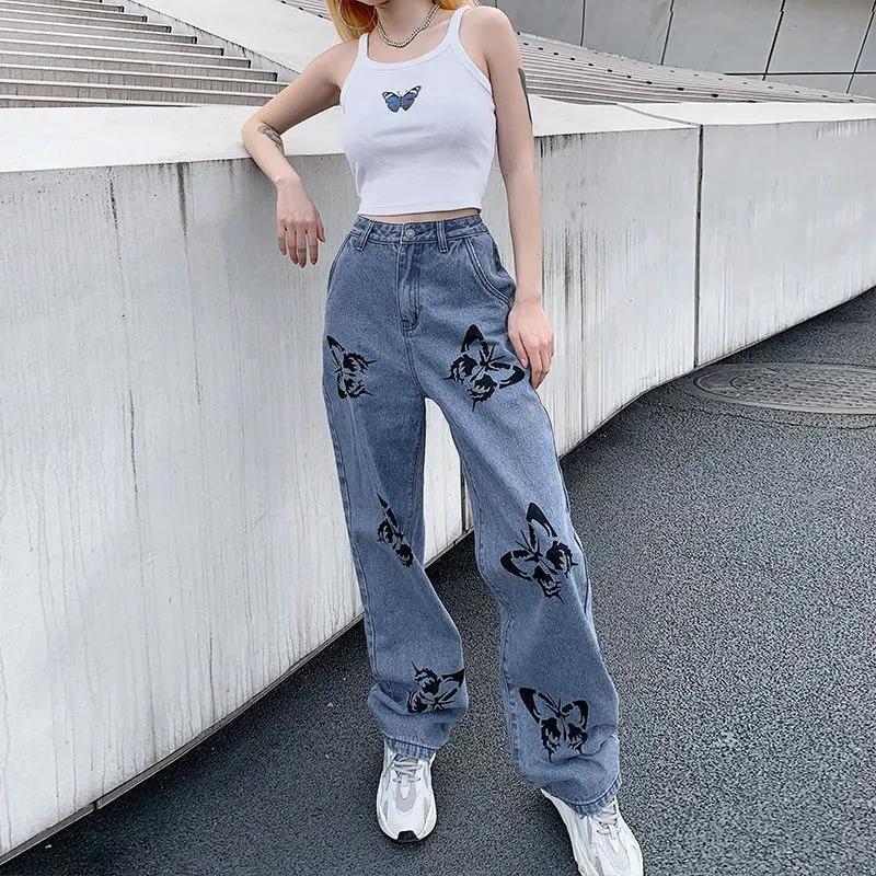 Jeans High Quality Butterfly Print High Waisted Women'S Straight Wide Leg Denim Pants Loose Casual Streetwear Trousers