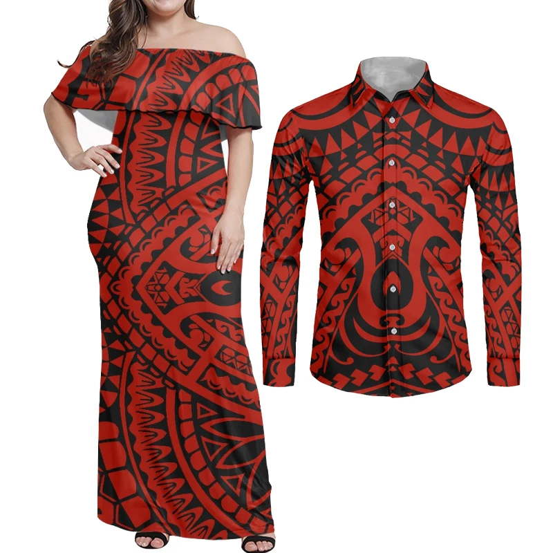 HYCOOL Island Polynesian Costume For Couples Wedding Party Tribal Print Off Shoulder Red And Black Dress For Women 2023