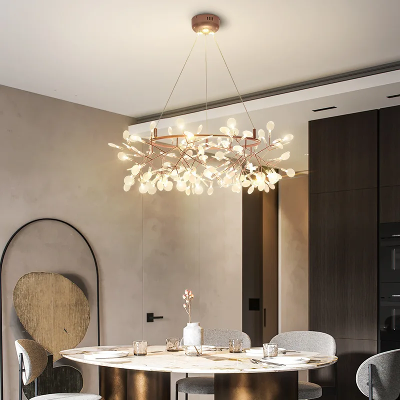 Nordic Chandelier Art Hanging Living Room Chandelier Modern Restaurant Kitchen Firefly Lamp Rose Gold/Black Branch Round Indoor