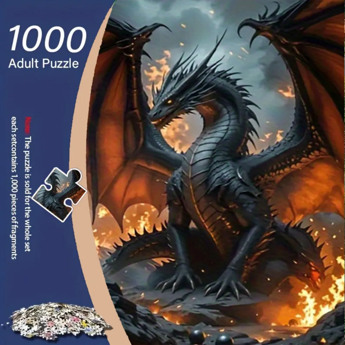 1000-teiliges Drachenpuzzle – Black Dragon & Flames Challenge, großes rahmenloses Puzzle für Erwachsene und Familien, epische Fantasy-Wandkunst D