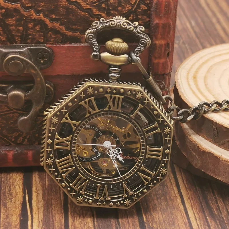 Orologio da tasca meccanico da uomo vintage con vibrazione scavata Orologio da polso meccanico a carica manuale con quadrante poligonale unico cavo