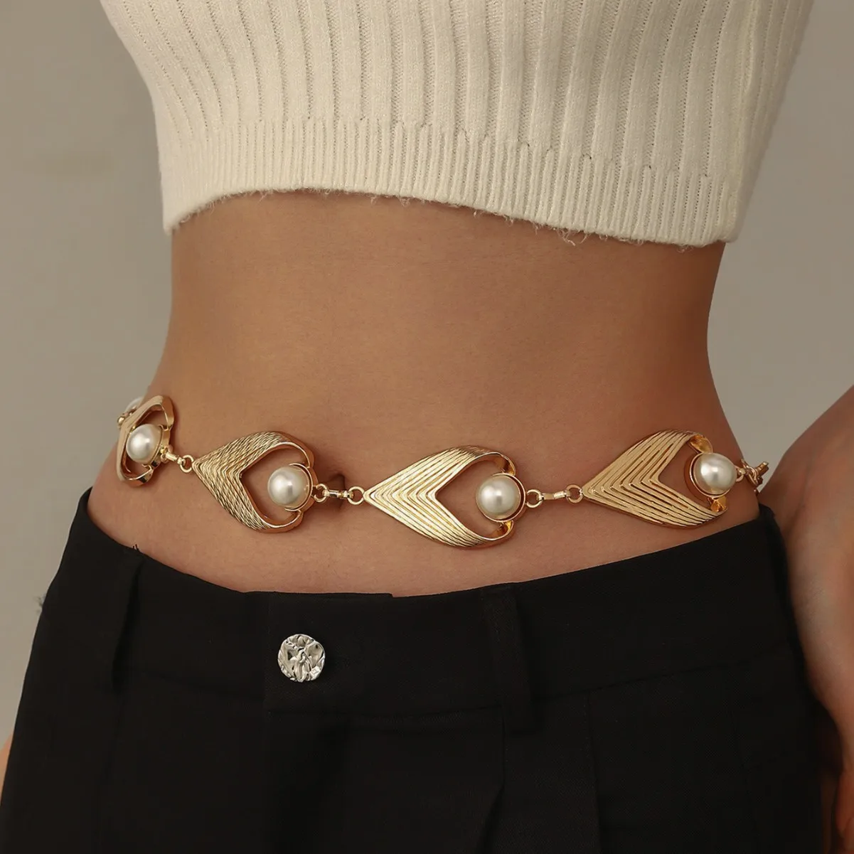 

Retro love pearl metal waist chain, high-end holiday style navel chain, female heterosexual love belt chain