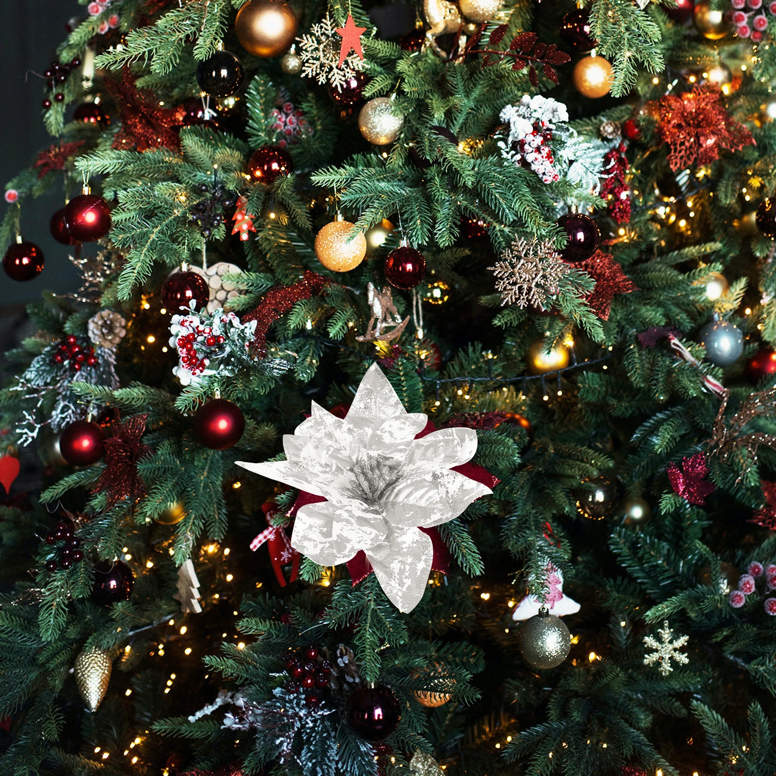 

4 Pcs Christmas Flower Decorative Delicate Cloth Artificial Faux Xmas Tree Layout nament Craft Holiday Supplies