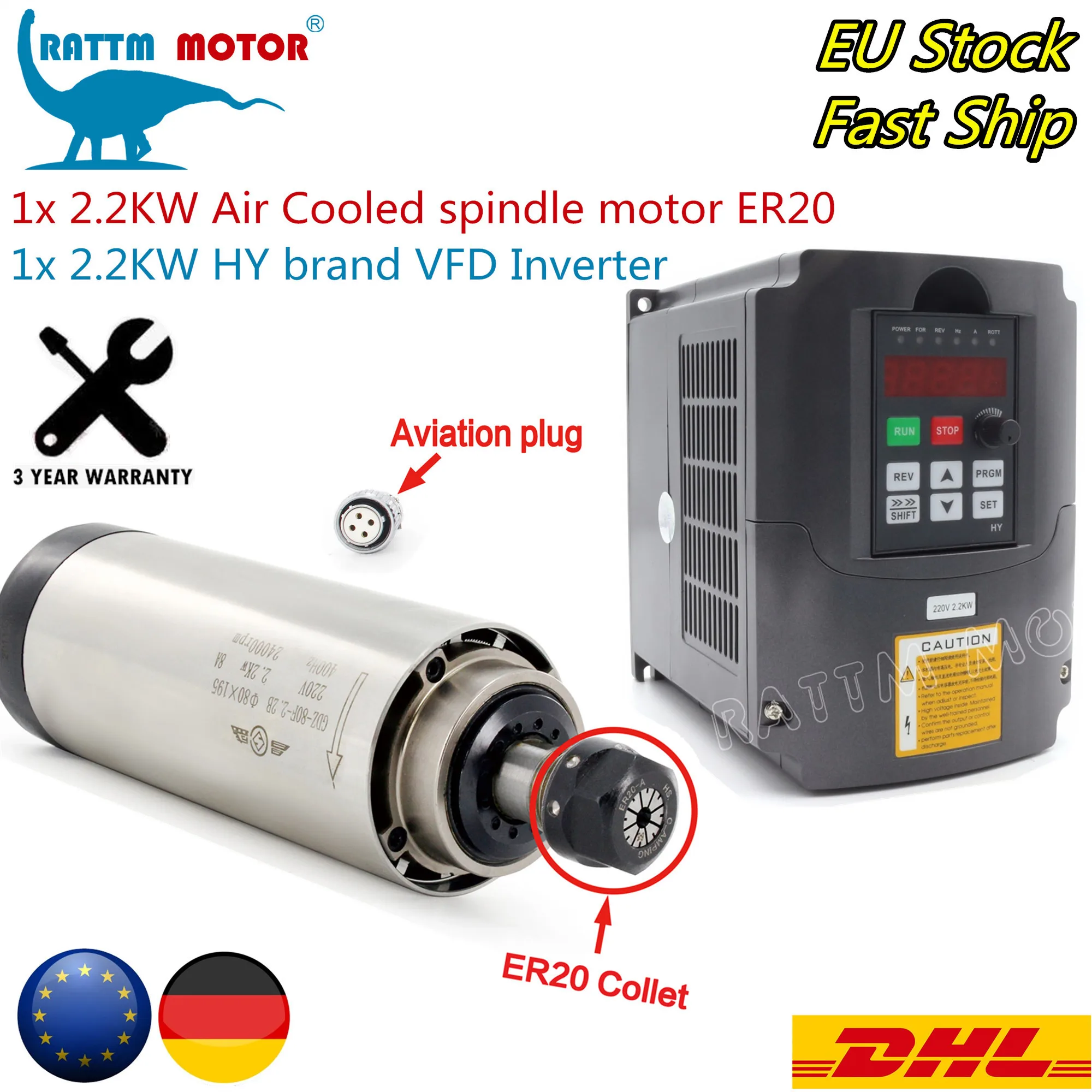 〖EU Ship〗CNC 2.2Kw Air Cooled Spindle Motor 220V 8A 4Bearing ER20 Runout-off 0.01mm 4bearing & HY Inverter & 80mm Clamp &Collet