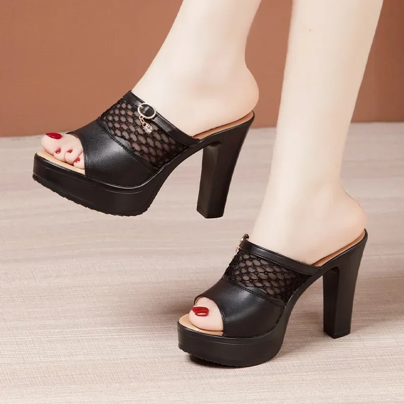 8cm 10cm Small Size Cutout Mesh Leather Shoes Platform Slippers Women 2024 Summer Block High Heels Slides for Office Model Mom