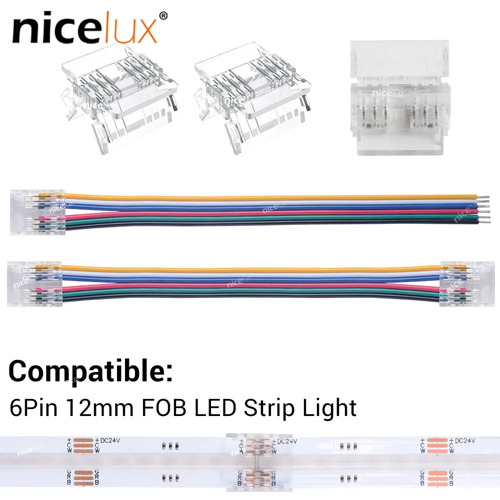 2024 6 Pin 12mm Connectors for RGBCCT FCOB Light Strips HD Transparent Solderless Cover Connector Angle for Aluminum Profile