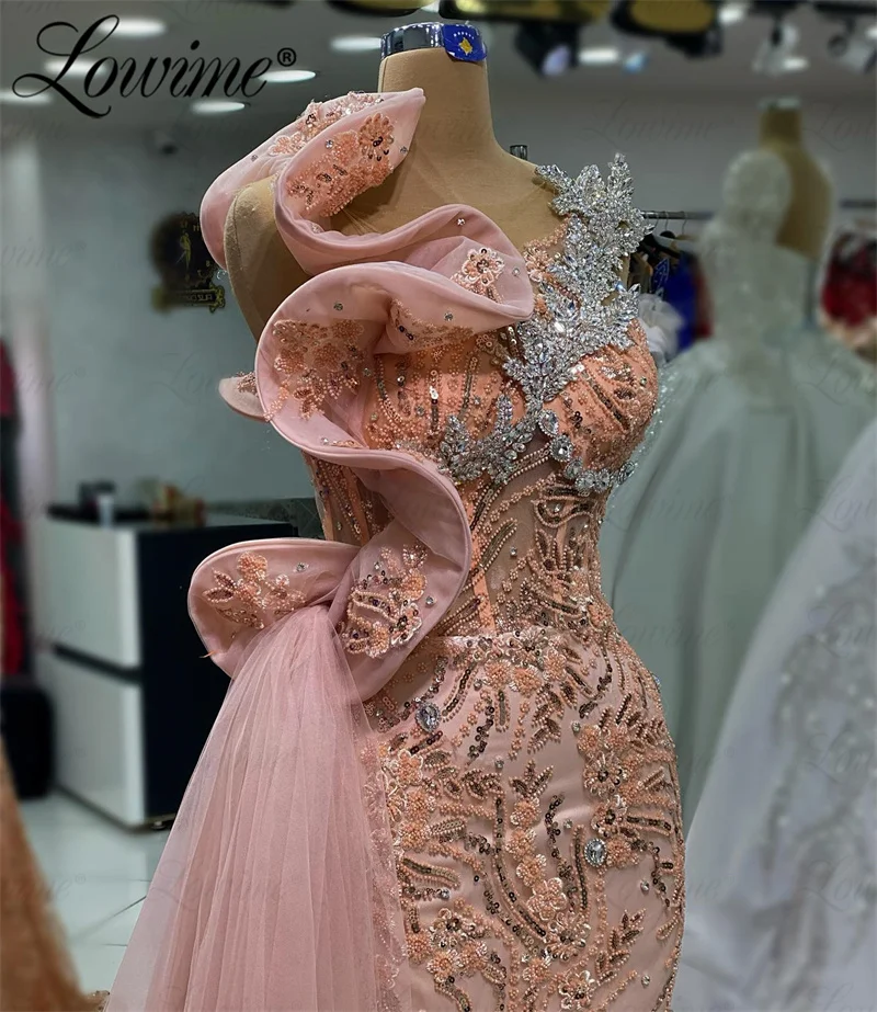 Vestidos longos árabes com lantejoulas e cristais para mulheres, vestidos de sereia frisados, vestidos de noite formais, festa de casamento e gala