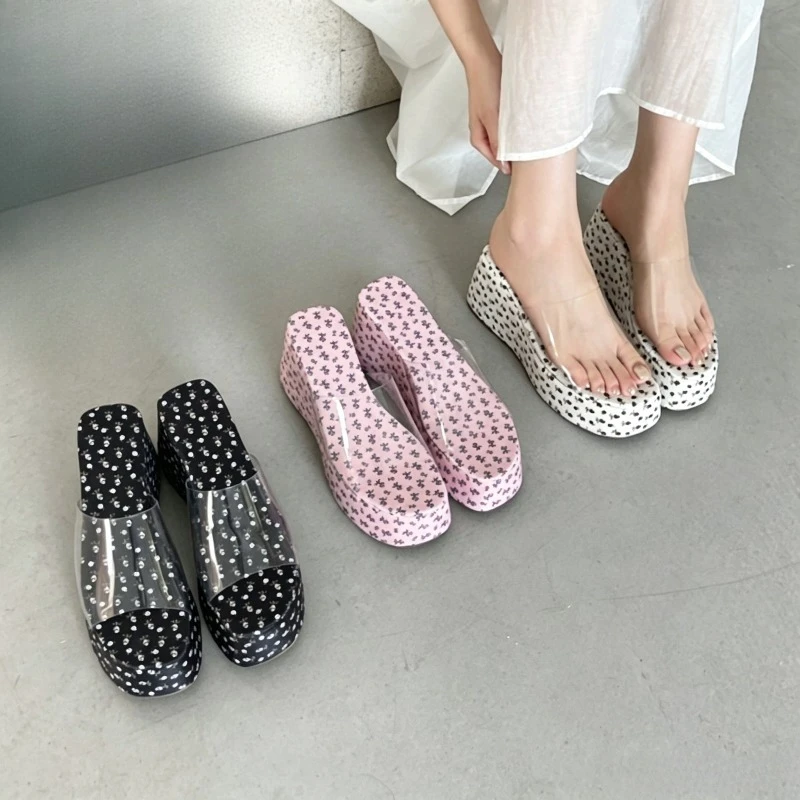 Summer Platform Wedge Slides Clear Transparent Strap Open Toe Slip on Mules Casual Thick Sole Slippers Ladies Fashion Sandals