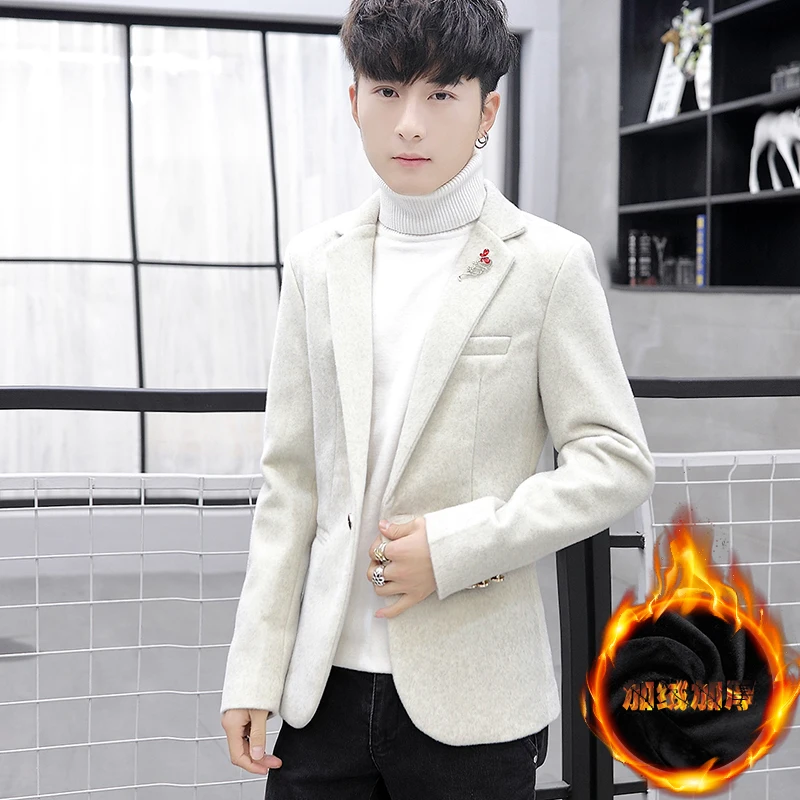 

Winter Thiened Fce Inner Slim Fit Casual Sle Men's Suit Jaet Youthful Dync Single-breasted Long Sve Polyester ...