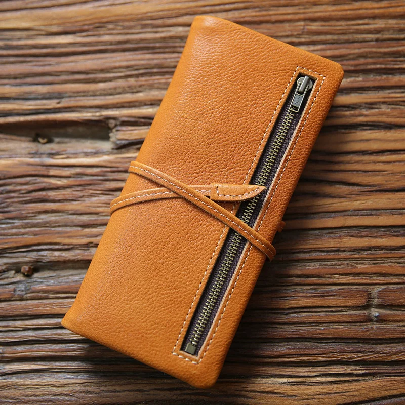 Genuine Leather Wallet For Men Women Cowhide Vintage Handmade Long Bifold Clutch Purse With Card Holder Zipper Coin Pocket Bag