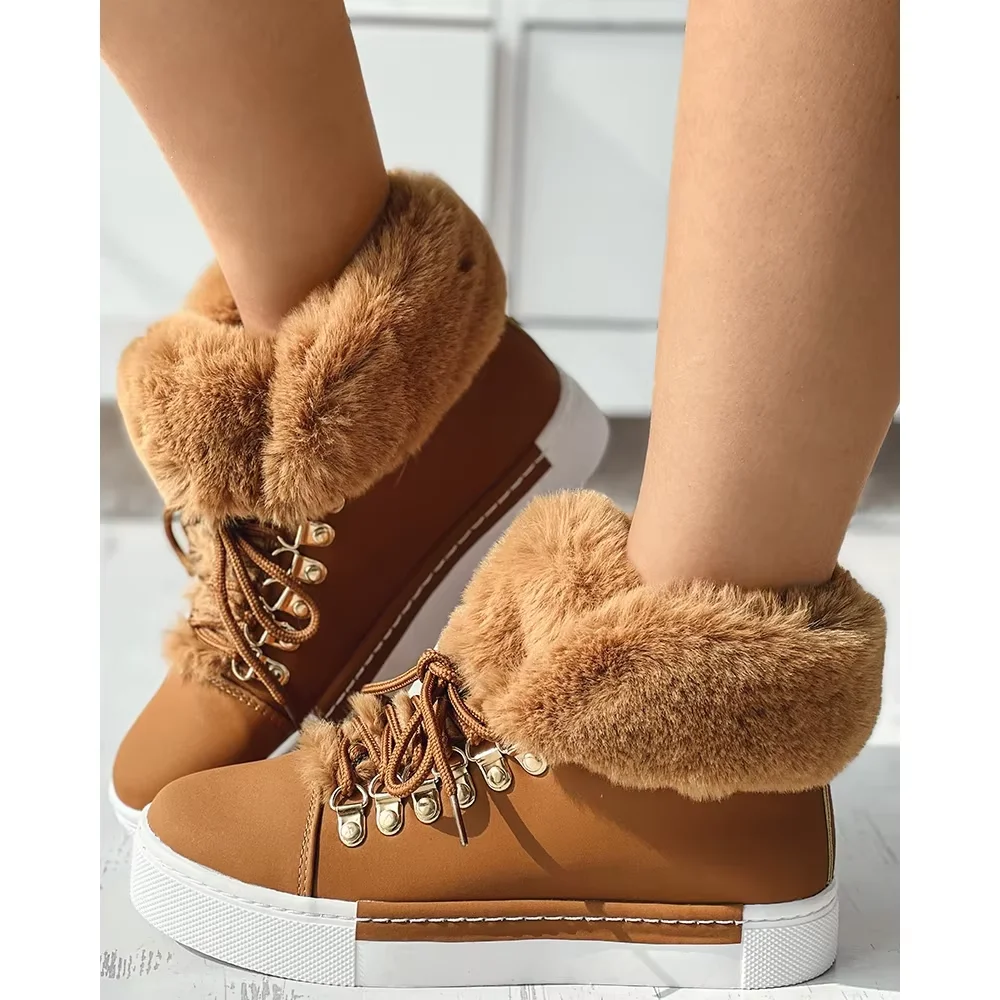 Winter Women Lace-up Fuzzy Lined Ankle Boots Casual Colorblock Round Toe Flat Ankle Snow Boots Daily Korean Style